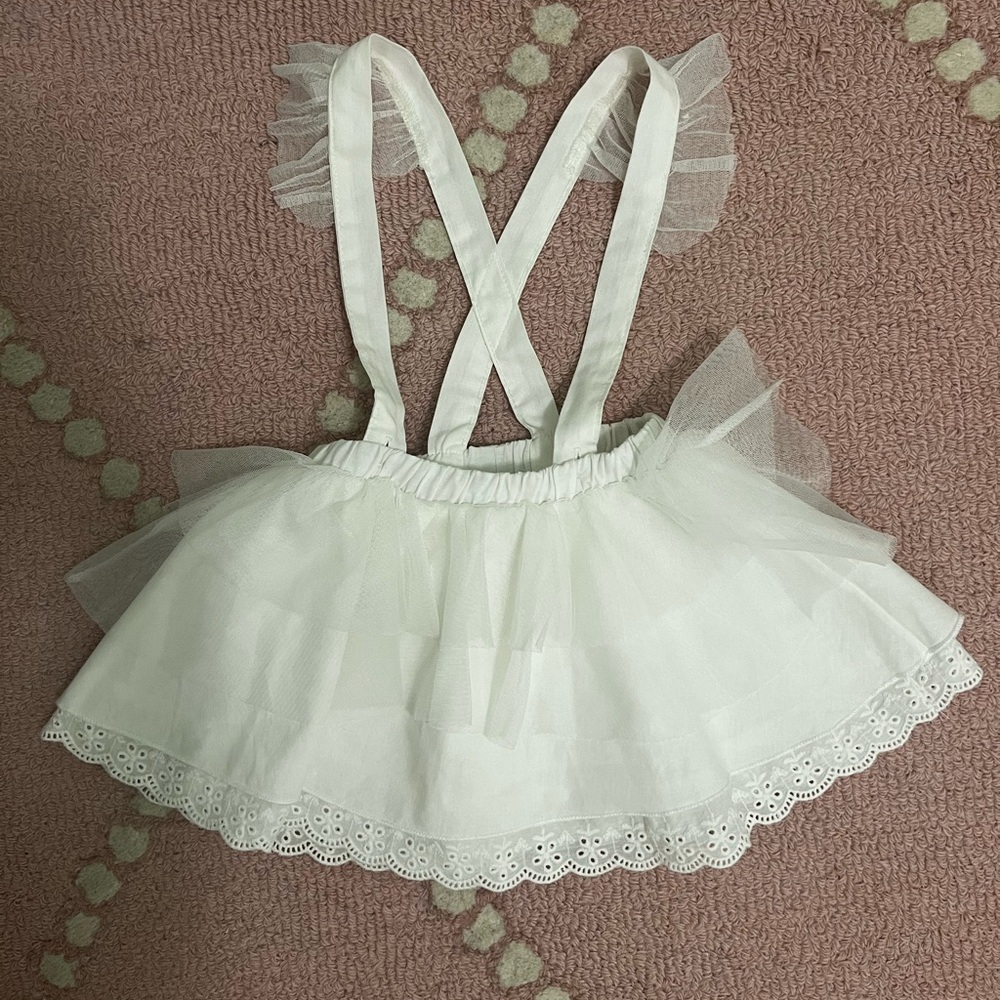 White Tulle Skirt Overalls with Lace Trim